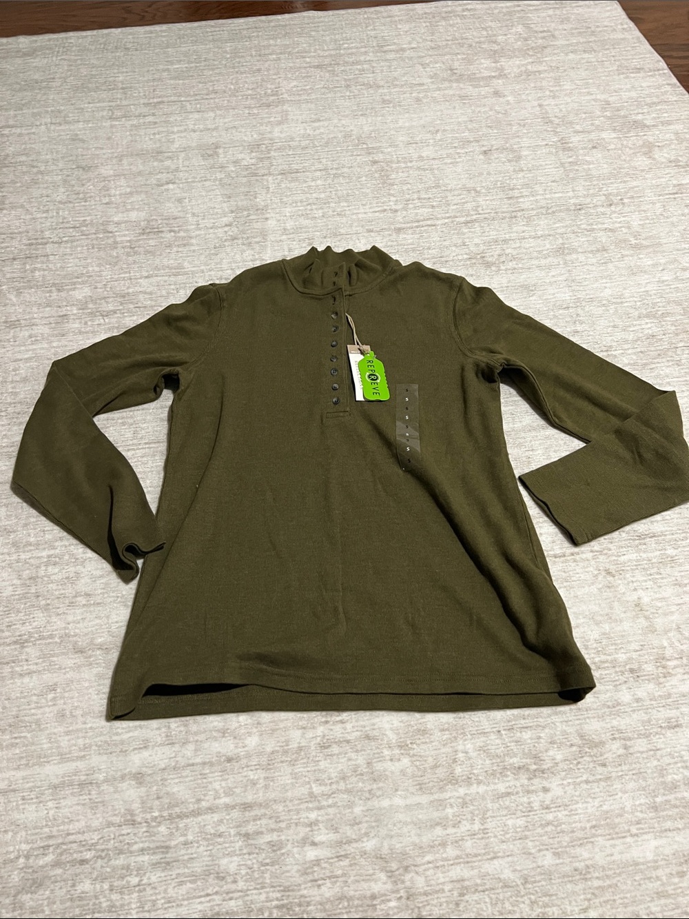 Natural Reflections Olive Green Ribbed Henley Top